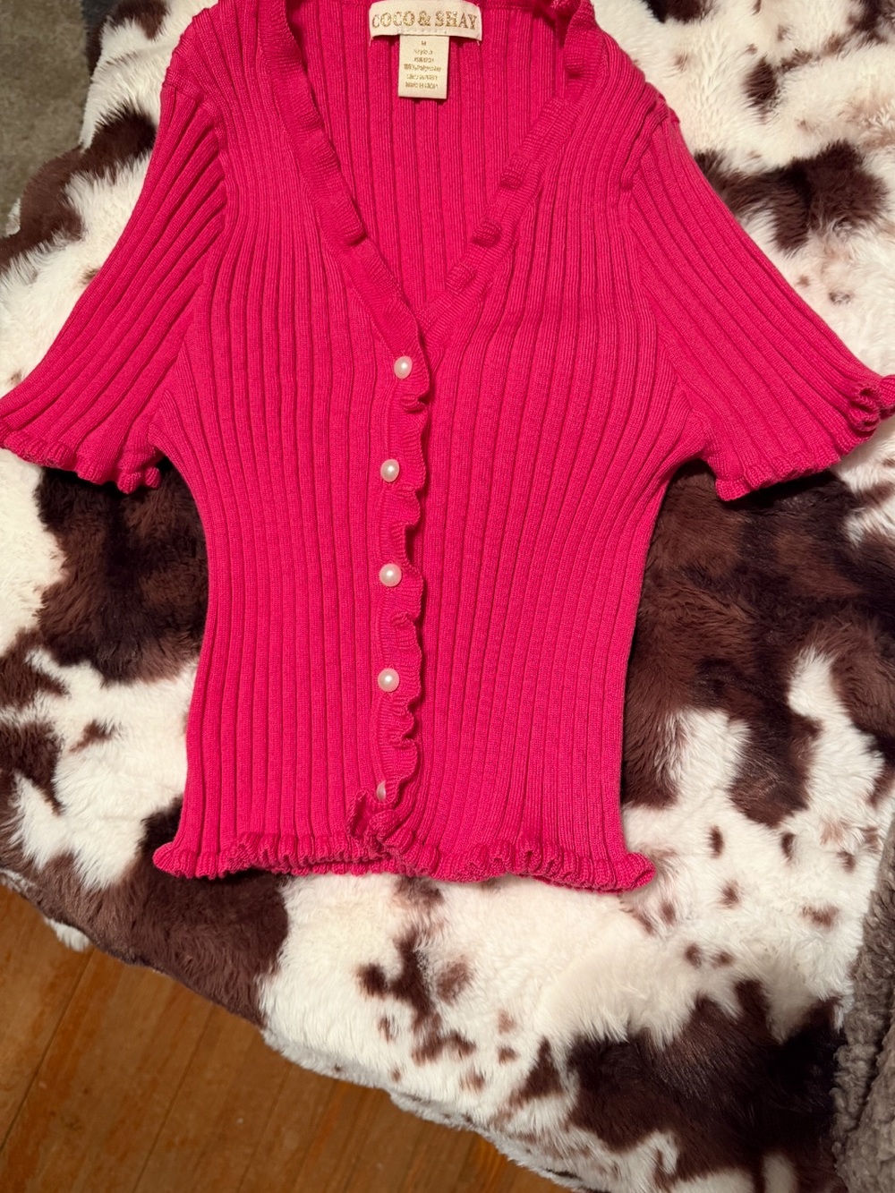 Hot Pink Ruffle-Trim Ribbed Button Sweater